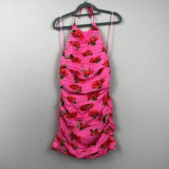 New Saulee Sonia Ruched Backless Floral Halter Mini Dress Pink Rose Sz 10 - Picture 4 of 16